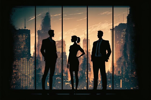 Silhouette of business people working together in office Concept of teamwork and partnership Generative AI Double exposure and network effects