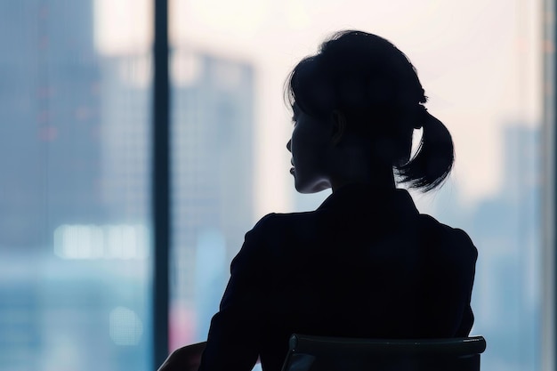 オフィスの窓の前で机に座っているビジネス女性のシルエット