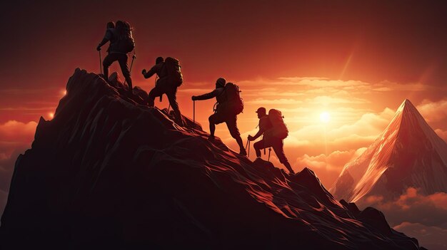 Silhouette of Businessman Climbing Mountain and Helping at Sunset Help and assistance concept Work as a team Conquer the goal Vector illustration