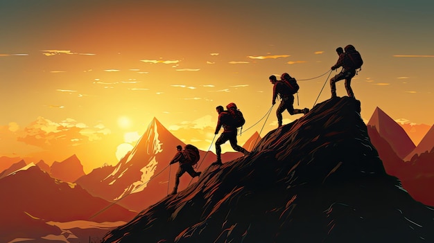 Silhouette of Businessman Climbing Mountain and Helping at Sunset Help and assistance concept Work as a team Conquer the goal Vector illustration