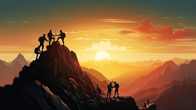 Silhouette of Businessman Climbing Mountain and Helping at Sunset Help and assistance concept Work as a team Conquer the goal Vector illustration