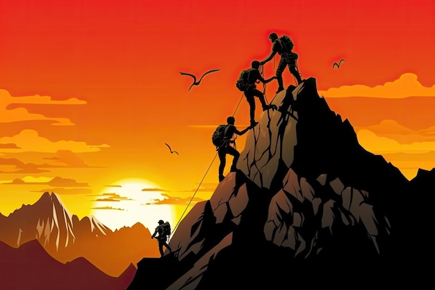 Silhouette of Businessman Climbing Mountain and Helping at Sunset Help and assistance concept Work as a team Conquer the goal Vector illustration