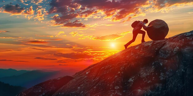 Photo silhouette of a businessman pushing a rock on mountain with a big space for text a business or company background type illustration generative ai