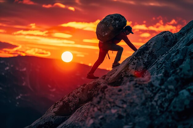 Photo silhouette of a businessman pushing a rock on mountain with a big space for text a business or company background type illustration generative ai