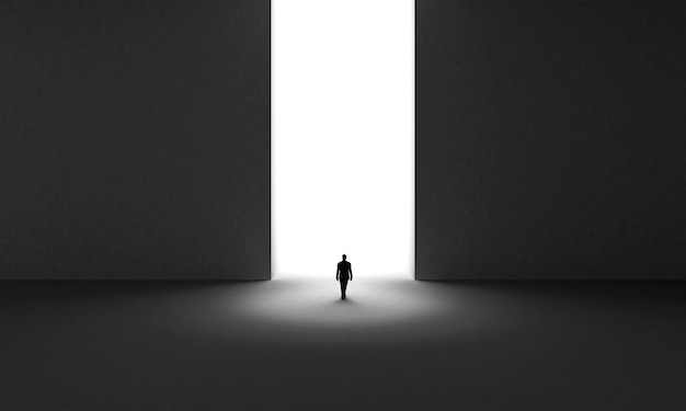 silhouette of businessman standing in front of lighting door 3d render