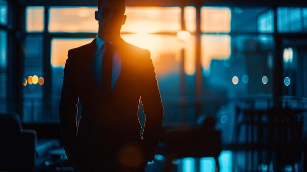 Silhouette of a businessman standing in the office at sunset