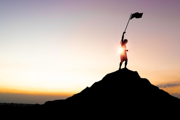 Foto silhouette uomo d'affari in piedi in cima alla montagna e tenendo una bandiera con sopra la luce del sole per la leadership business di successo e raggiungere l'obiettivo obiettivo concetto