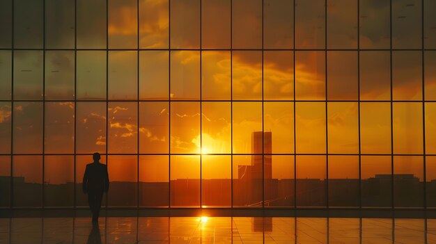 Foto silhouette di un uomo d'affari che cammina verso il tramonto finestra di ufficio illuminata che riflette l'ambizione aziendale e gli obiettivi futuri