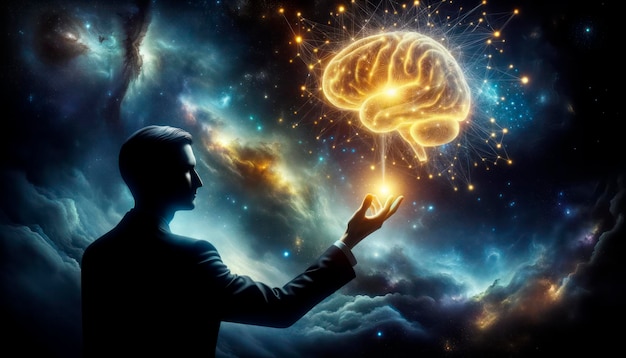 Silhouette of businessman with glowing brain in his hand Generative AI