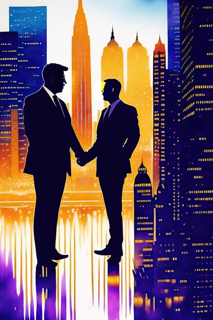 Silhouette of businessmen shaking hands in corporate world City landscape