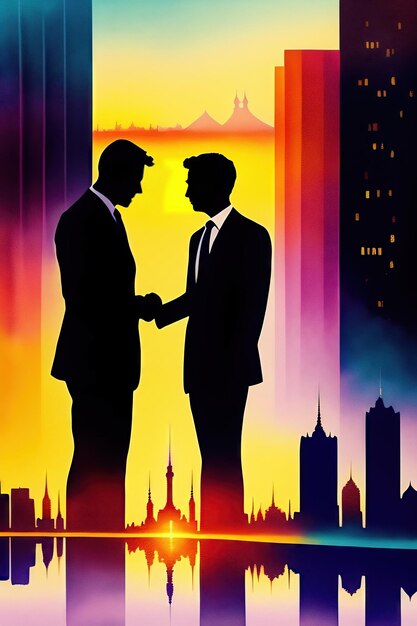 Silhouette of businessmen shaking hands in corporate world City landscape