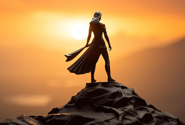 Foto silhouette di una donna d'affari in piedi in cima al tramonto della montagna nello stile dei supereroi