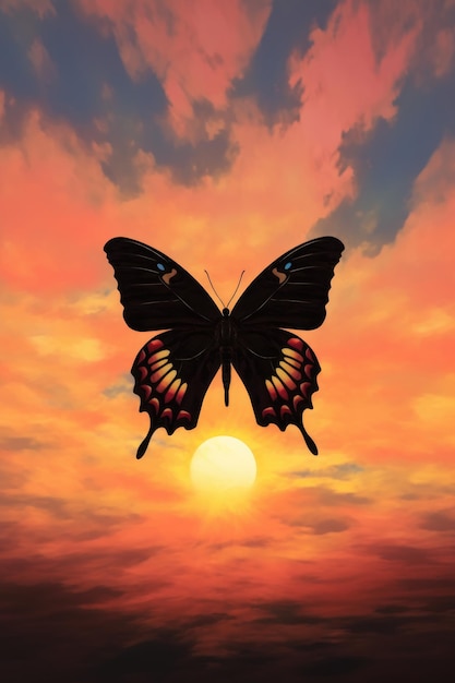 Silhouette of a butterfly against a sunset sky created with generative ai