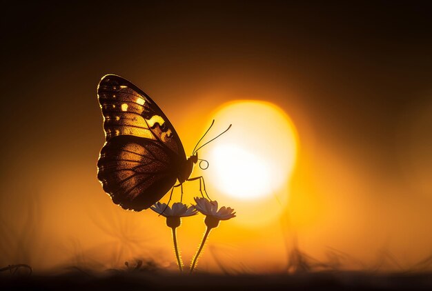 Silhouette of butterfly on flower at sunset