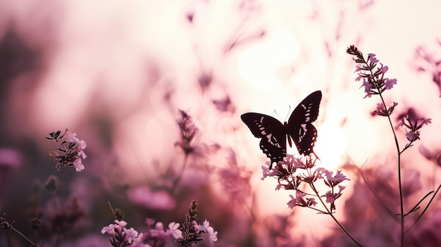 Silhouette of a butterfly on pink blossoms at dusk