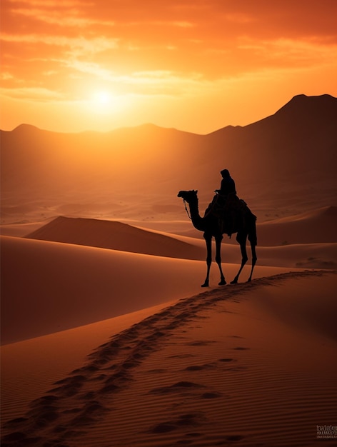 사막에서 낙타의 실루엣
