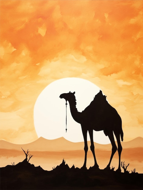 Silhouette of a camel in the desert