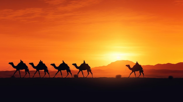 Silhouette of camel and men