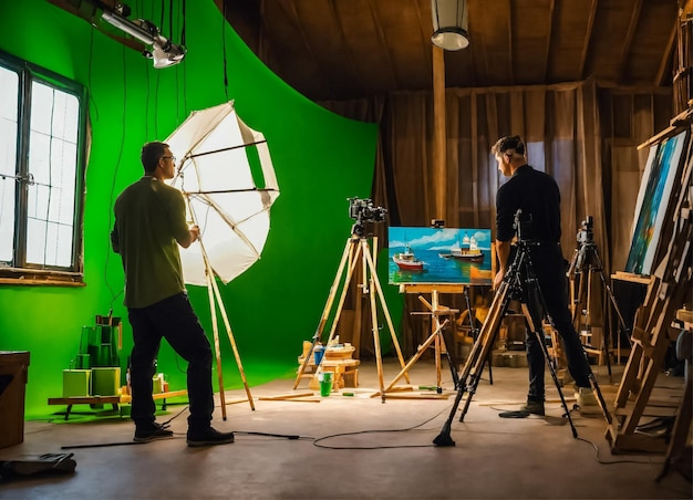 Foto silhouette di un cameraman dietro le quinte di un film la troupe cinematografica che lavora in studio