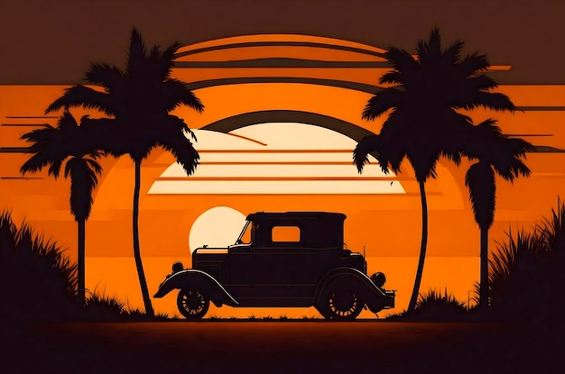 A silhouette of a car with palm trees in the background.