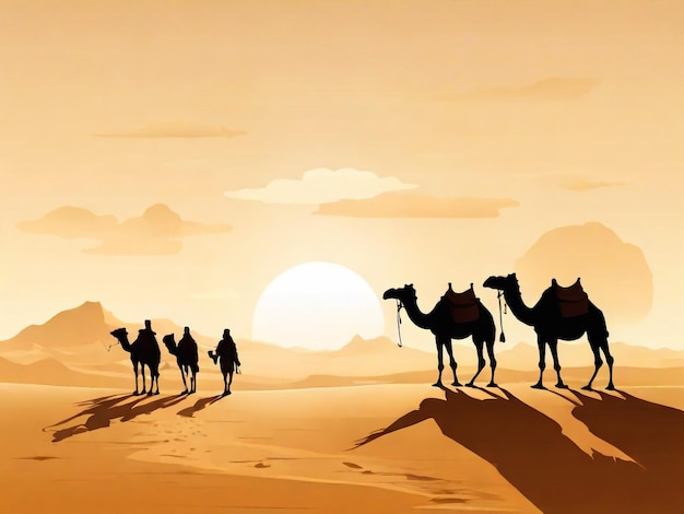 Silhouette of Caravan mit people and camels wandering through the deserts with palms at night and day Illustration