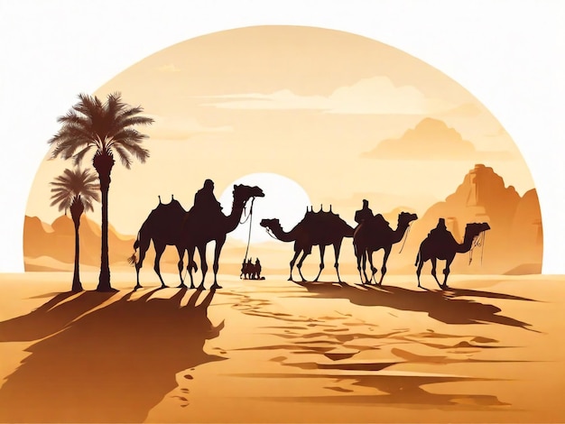 밤과 낮에 종려나무와 함께 사막을 돌아다니는 사람들과 낙타들과 함께 카라반의 실루 일러스트레이션