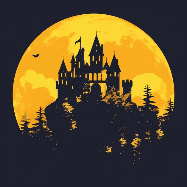 Photo a silhouette of a castle on a hill with a yellow moon