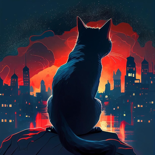 Silhouette of a cat on the background of the city Generative AI