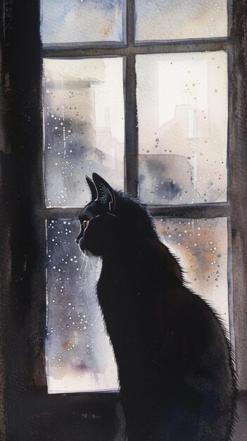 Silhouette of a cat looking out a rainy window