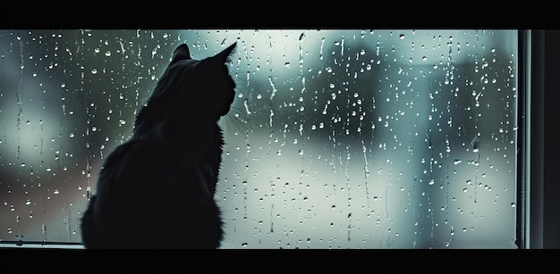 Silhouette of a cat looking out a window with raindrops The concept of tranquility and contemplation