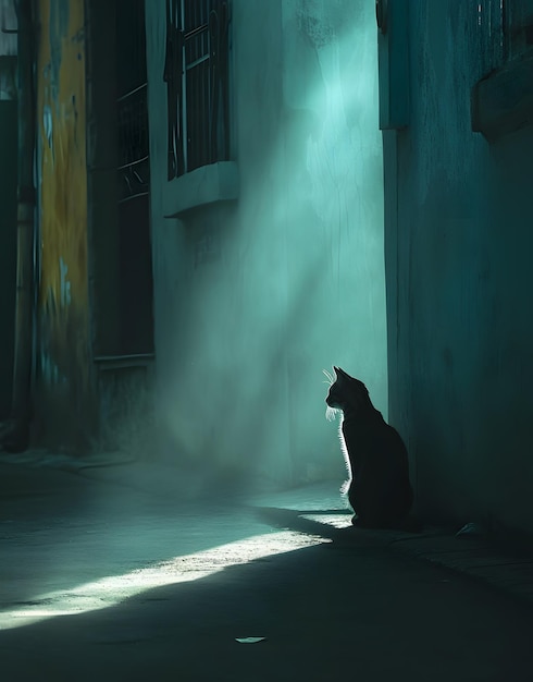 A silhouette of a cat in the street at night in the rays of light