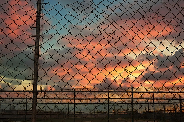 Silhouette of chain link fence and beautiful sunset in the background