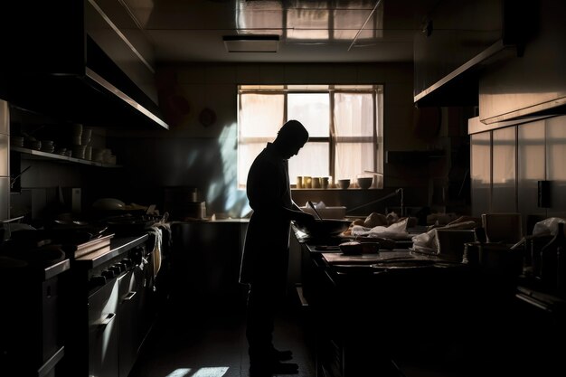 Photo silhouette of a chef working in the kitchen created with generative ai