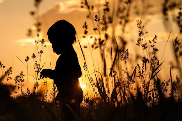 Photo silhouette of child during sunset in a field of tall grasses