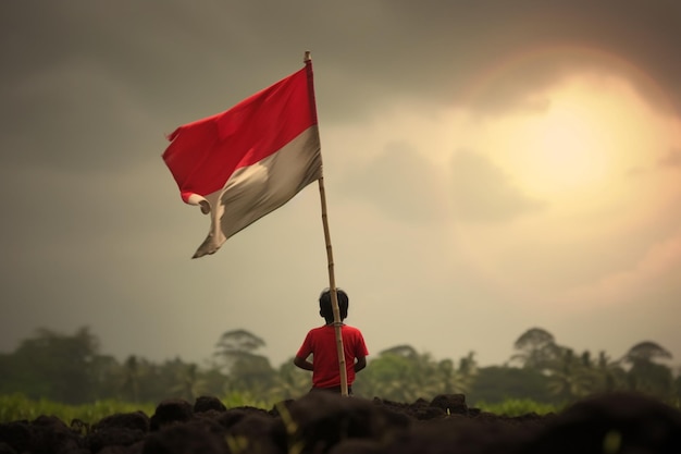 Foto silhouette di un bambino che tiene la bandiera dell'indonesia sul campo