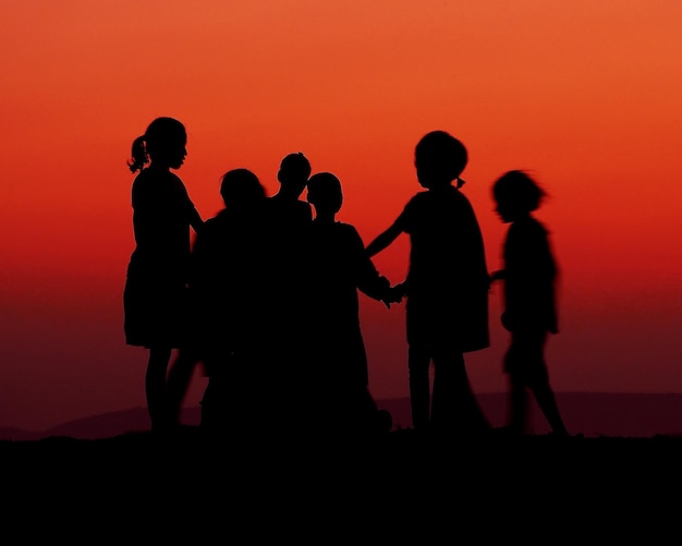 Silhouette children standing against sky during sunset