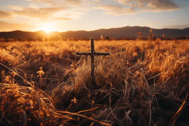 Silhouette christian cross on grass in sunrise background Generative Ai