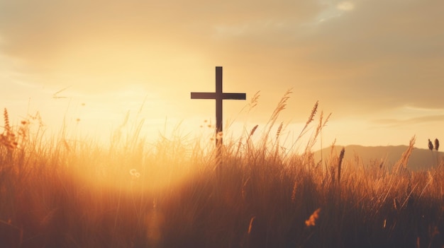 Silhouette Christian cross on grass in sunrise background