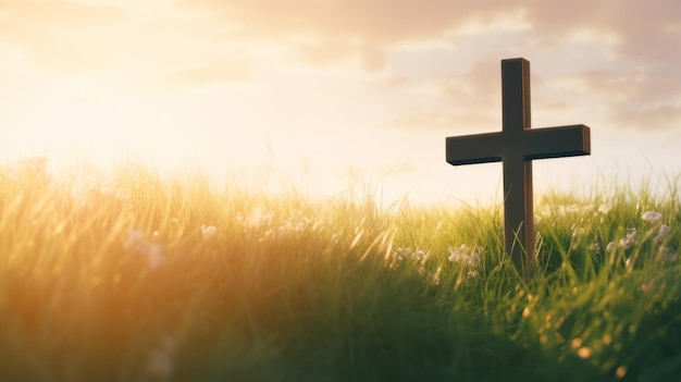 草の地面にあるキリスト教の十字架のシルエットと背景に輝く日の出