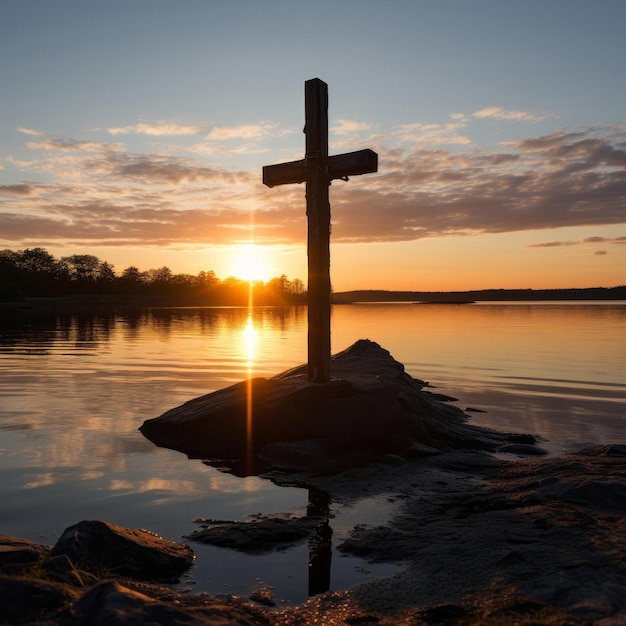 Silhouette of christian cross on a lake sunset golden hour religion concept