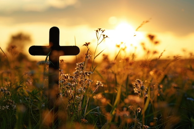 Silhouette of Christian Cross in Sunrise Meadow Symbolizing Faith and Natures Beauty