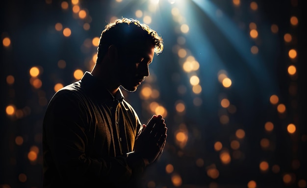 Silhouette of christian man hand prayingspirituality and religionman praying to god Christianity concept