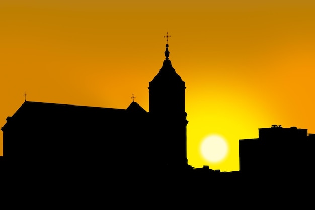 Silhouette of a church in Grodno Belarus at sunset