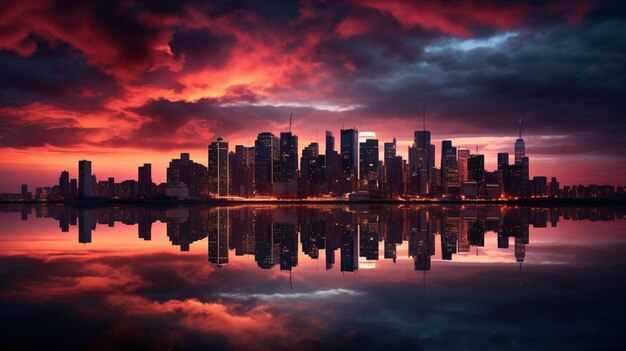 Photo silhouette of city skyline at dusk illuminated