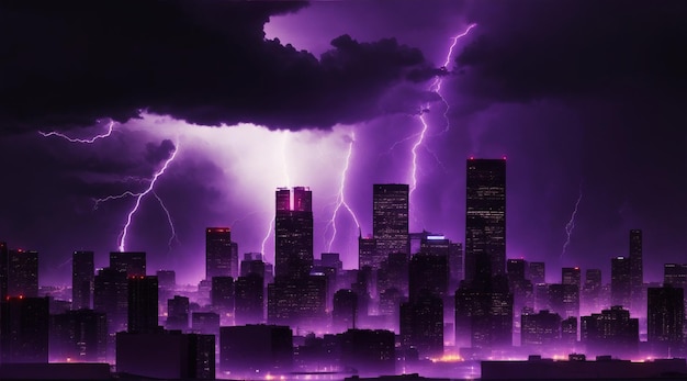 Silhouette of a city skyline during intense lightning storm created by Generative AI