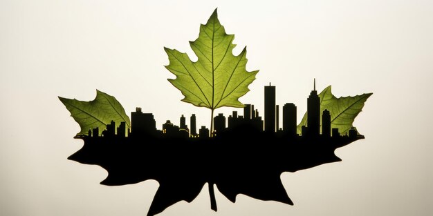 A silhouette of a city with a leaf