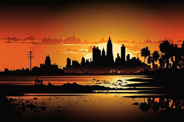 Silhouette of cityscape with sunset view from the beach