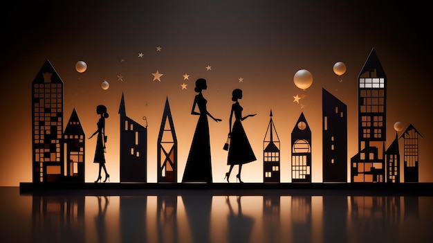 A Silhouette Cityscape with Women and Balloons