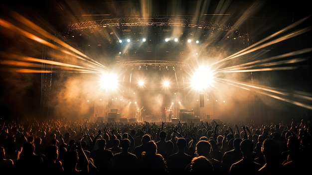 Silhouette of concert crowd in front of bright stage lights Dark background smoke concert spotlights disco ball Crowd at Concert Generative Ai