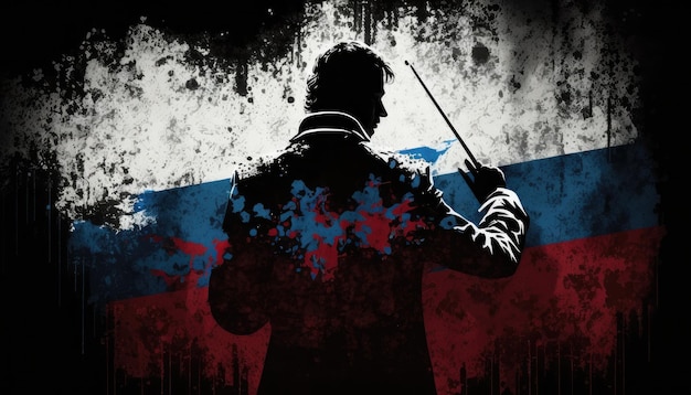 Силуэт дирижера на фоне флага России концепция управления страной для одного человека
